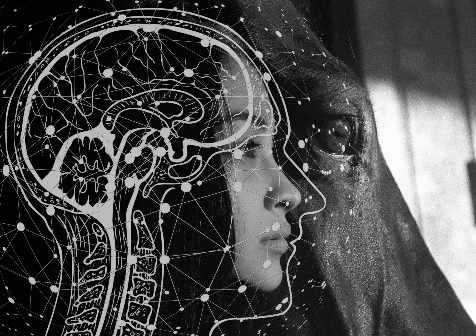 Profil d'une femme superposé à une coupe sagittale du cerveau et du cou, connecté à un réseau neuronal, avec un cheval à côté.