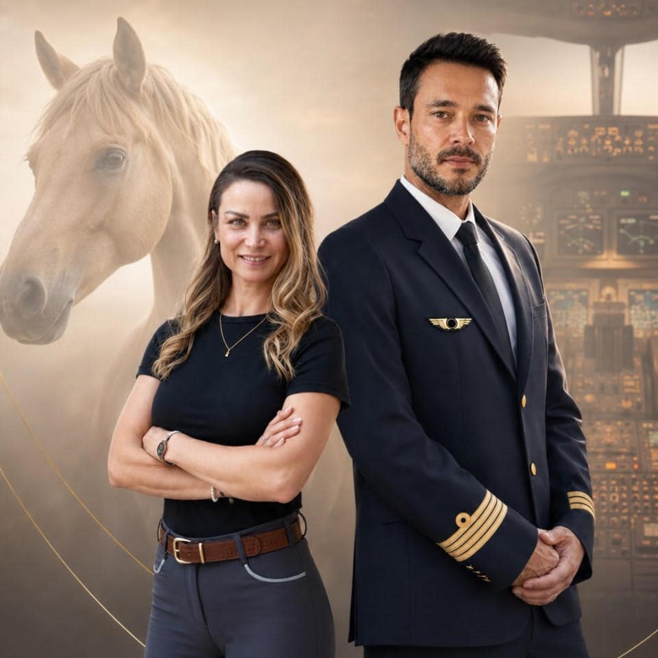 Cavalière et pilote d'avion posant devant un cheval et un cockpit. Symbole de détermination et de passion.